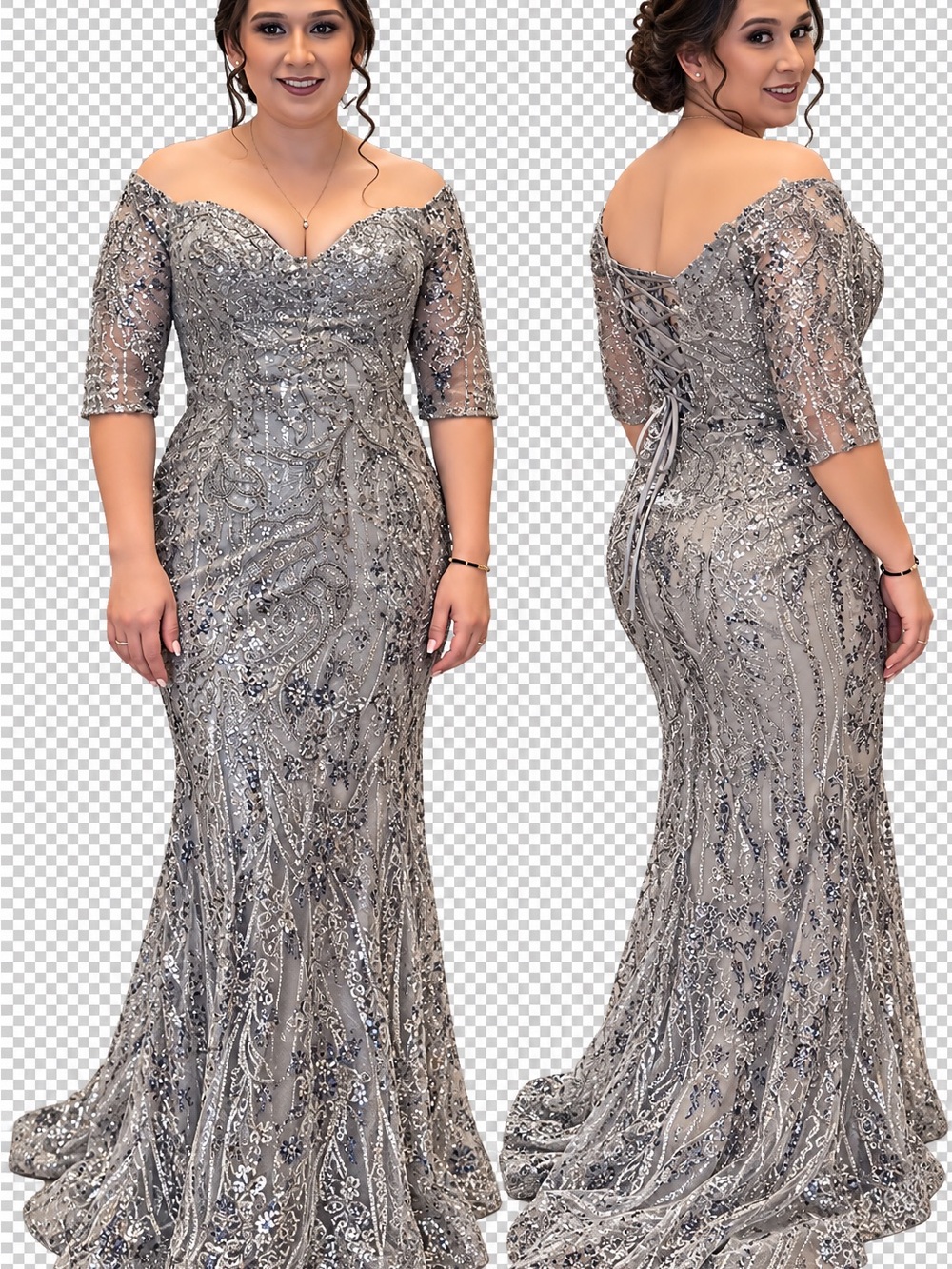 Off-Shoulder Silver Sequin Prom Gown with Lace-Up Back